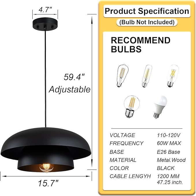 Lingkai 15.7" Black Modern Pendant Light Fixtures, Kitchen Lighting Fixtures Ceiling Hanging Light Fixtures, Farmhouse Large Pendant Light for Kitchen Island Lighting Hanging Lamp