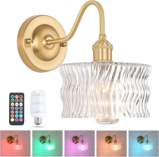 Battery Operated Wall Sconce, Vintage Rechargeable Wall Lights with Clear Ripple Glass Shade, Wireless Indoor Wall Lamp with Remote for Bedroom Living Room Bathroom Hallway