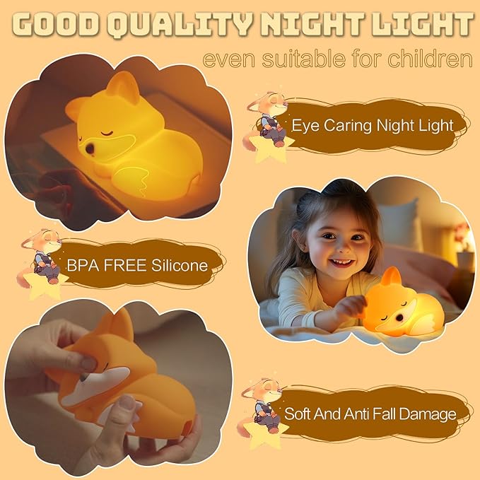 Cute Fox Lamp, Fox Night Light for Kids, Xmas White Elephant Gifts, Squishy Rechargeable Dimmable Toy, LED Woodland Animal Nightlight, Fall Room Décor, Touch Light Up Foxes, Safe Silicone