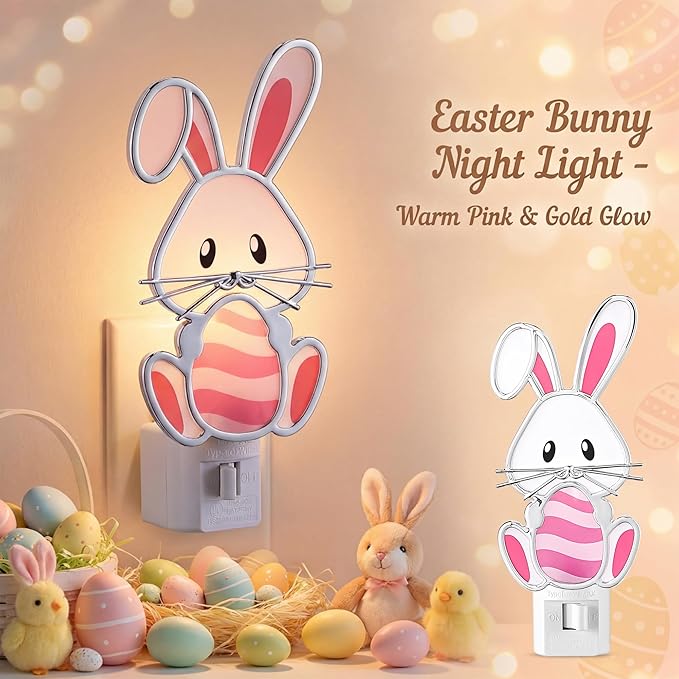 Easter Bunny Night Light Plug Into Wall, Resin Bunny Egg Light Decoration with C7 LED Bulb, Decorative Holiday & Valentine Night Lights for Bedroom Bathroom Living Room