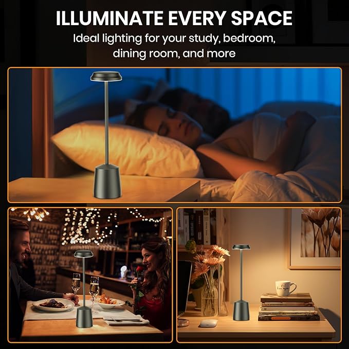 Aluminum LED Cordless Table Lamps Set of 2, Portable Rechargeable 5000mAh Battery Operated Black Table Light, 3 Color Stepless Dimming Touch Control, Desk Lamp for Dinner/Restaurant/Bars/Coffee Shop