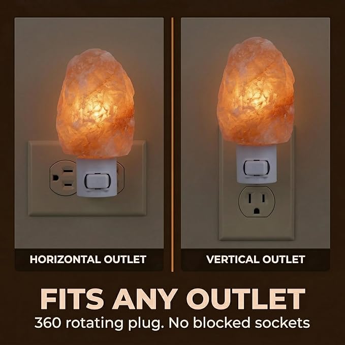 Himalayan Salt Night Light Plug In - Salt Rock Lamp for Bedroom, Bathroom & Hallway | 360 Rotating Plug | Warm Amber Glow | Calming Sleep Light | 2 Bulbs Included | Kids Safe UL Listed | Gift Ready
