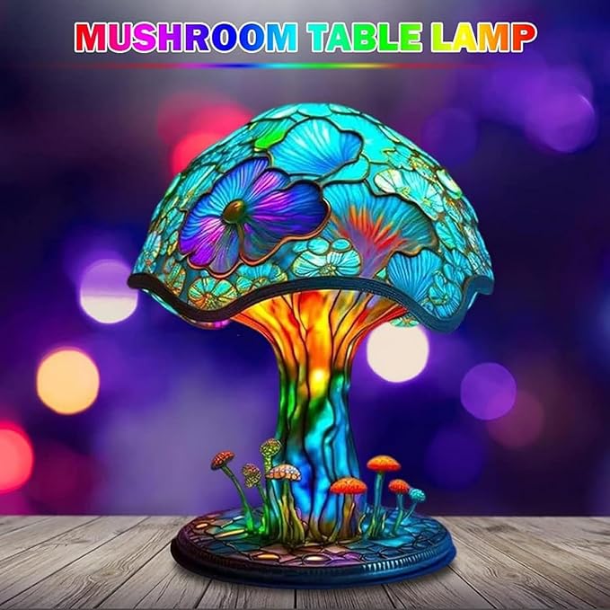 Painting Mushroom Table Lamp,7.9 Inch High Stain Plant Series Night Light, Bohemian Resin Mushroom Decoration Bedside Lamp Bedroom Living Room Home Office Decoration Gifts (20CM)