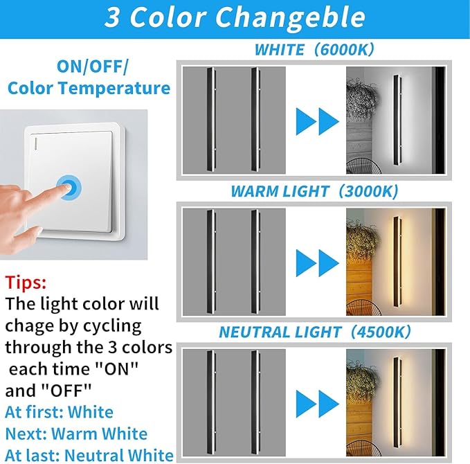 Mikeru 2 Pack 23.6inch Modern Outdoor Wall Sconce, 3000K/4500K/6000K 3 Color Temperature LED Exterior Light Fixtures, Modern Long Porch Lights Wall Sconce for Garage, Doorway, Porch, Patio