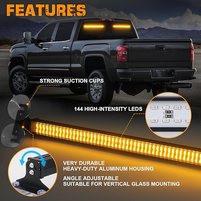 XRIDONSEN 2 in 1 Emergency Strobe Traffic Advisor Amber Light Bar 144 LED Warning Safety Interior Front Dash Windshield Rear Window Lights for Plow Trucks Construction Vehicles SUV (2X 17.7 inch)
