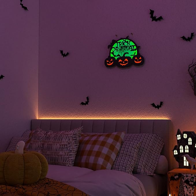 Halloween Pumpkin Lights, LED Connected Jack O Lantern With Light Up Green Moon, Bat Spider Web & Trick or Treat Wording, USB & Battery Powered With Timer, Halloween Decorations Kids Wall Window Art