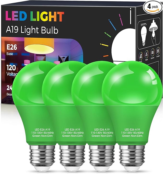 Green Light Bulb【 4 Pack】, 9W (60W Equivalent) A19 Green Light Bulbs, E26 Base Non-Dimmable,720LM 120V Porch Light, LED Colored Light Bulbs for Christmas Decor Party Holiday Lighting