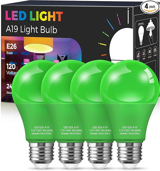 Green Light Bulb【 4 Pack】, 9W (60W Equivalent) A19 Green Light Bulbs, E26 Base Non-Dimmable,720LM 120V Porch Light, LED Colored Light Bulbs for Christmas Decor Party Holiday Lighting