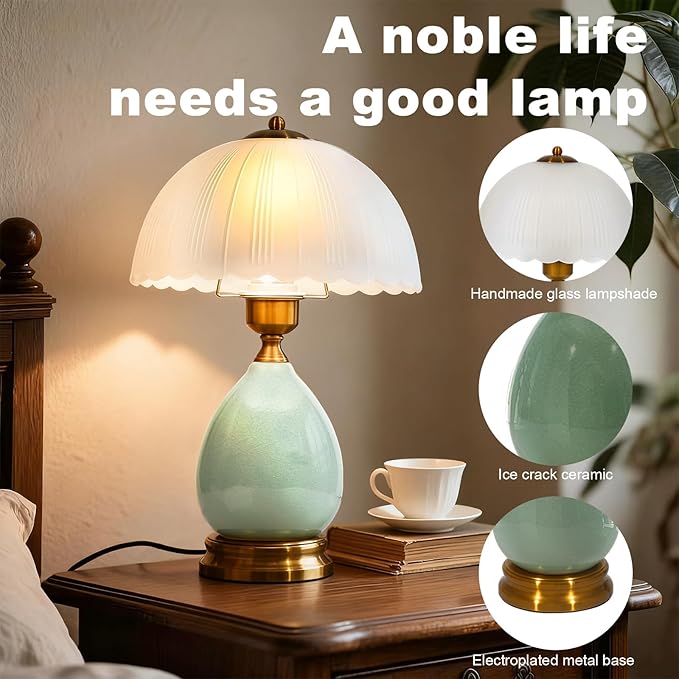 Ceramic Table Lamp – Chinese Traditional Green Bedside Lamp with 3-Color Dimmable LED, Retro Modern Living Room Bedroom