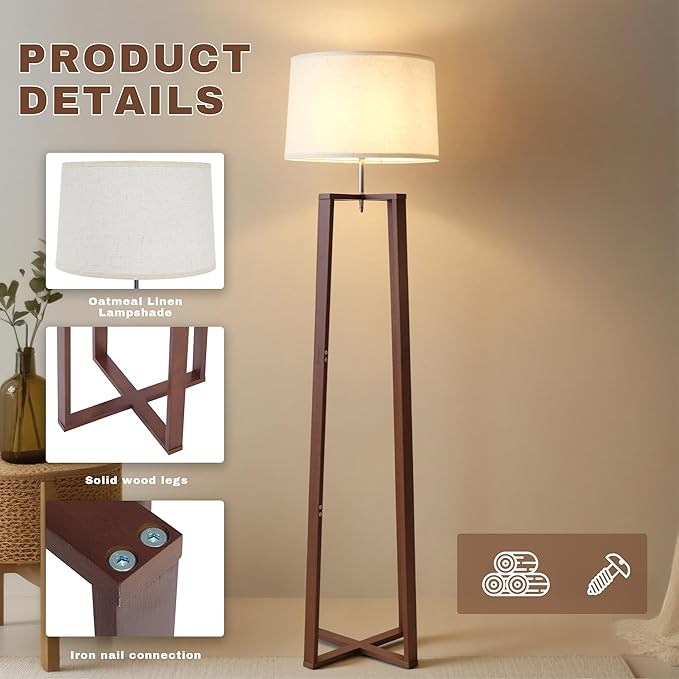 66" Bamboo Corner Floor Lamp with Linen Shade, Boho Rustic Standing Lamp for Living Room Bedroom Office, Modern Natural Tall Floor Lamp with E26 Base