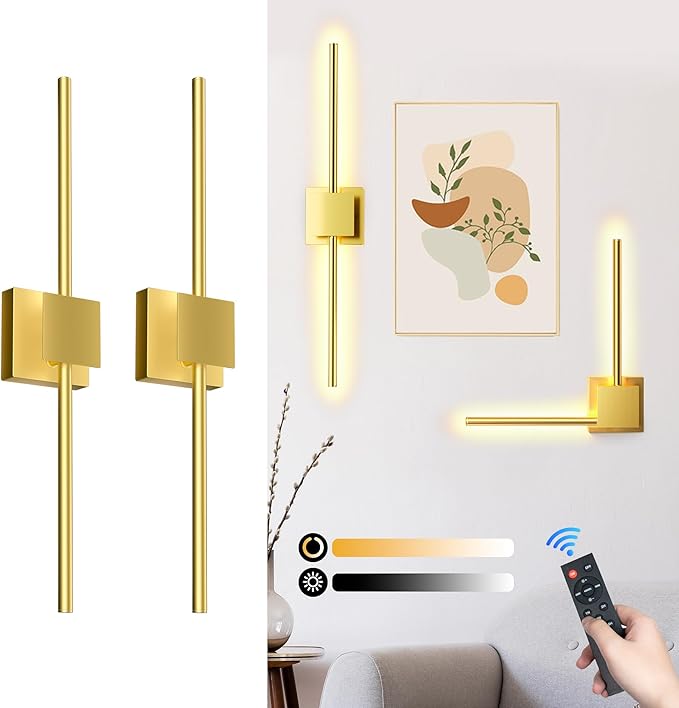 Torchlet Battery Operated Wall Sconces Set of 2 with Remote Control,DIY Independent Rotation Picture Lights,3000K-6000K Dimmable LED Rechargeable Wall Lights for Living Room Bedroom, 28.3'' Gold