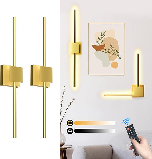 Torchlet Battery Operated Wall Sconces Set of 2 with Remote Control,DIY Independent Rotation Picture Lights,3000K-6000K Dimmable LED Rechargeable Wall Lights for Living Room Bedroom, 28.3'' Gold
