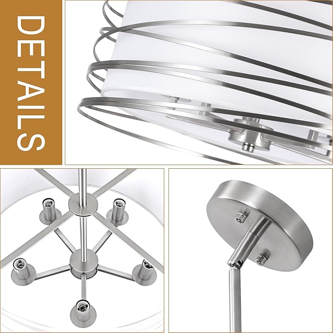 19.7'' Brushed Nickel Drum Chandeliers for Dining Room, 5-Lights Kitchen Chandeliers Over Table, Entryway Light Fixture Hanging, Industrial Round Chandelier for Living Room Stairwell Bedroom