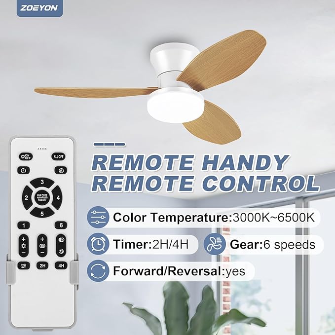 Small White&Wood Ceiling Fan with Light - 35 Inch Flush Mount Ceiling Fan with Lights and Remote, Low Profile Ceiling Fans with 3 Reversible Blades, 6 Speeds, Ceiling Fans for Bedroom Kitchen