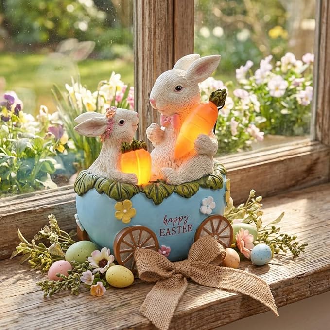TERESA'S COLLECTIONS Easter Decorations Outdoor with Solar Lights, Easter Bunny and Egg Decor Outdoor, Waterproof Resin Lighted Garden Statue