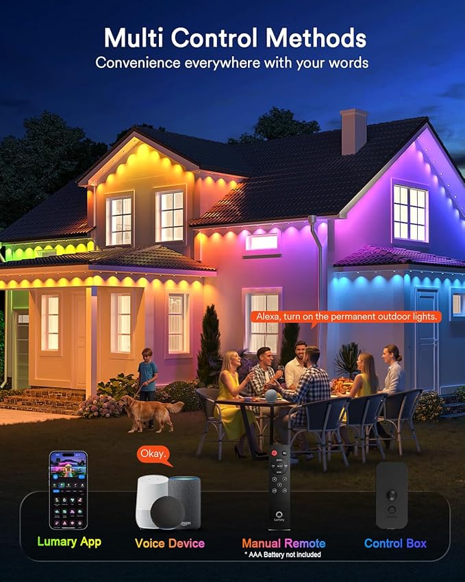 Lumary Smart Permanent Outdoor Lights 2 with Remote & Slide-Base, 100ft with 60 RGBAICW LEDs 3600lm for Daily & Accent Lighting, 110+ Modes for Halloween Christmas Decor, Work with Alexa Google, Black