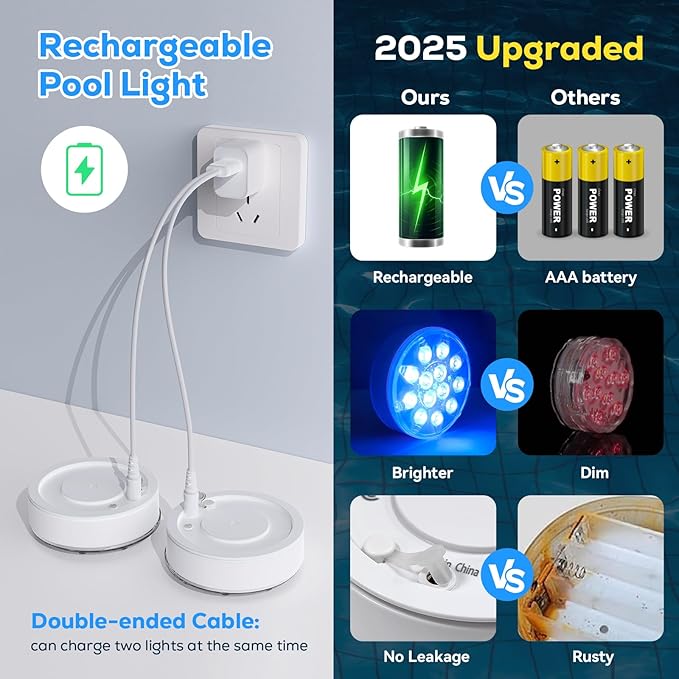 Pool Lights - 2 Pack, Rechargeable Submersible LED Pool Lights with Remote, IP68 Waterproof Pool Decor Light for Inground Pools, Above Ground Pools, Parties, Hot Tubs, Vase Bases