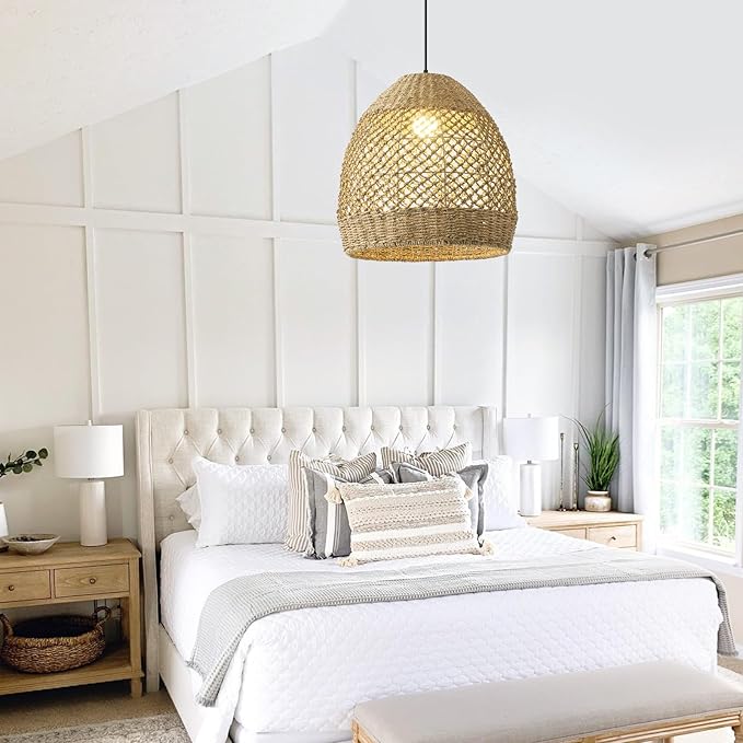 Rattan Pendant Light 13.77" Rustic Hand-Woven Wicker Hanging Light 1-Light Water Plants Rattan Chandelier for Dining Living Bedroom Kitchen Farmhouse