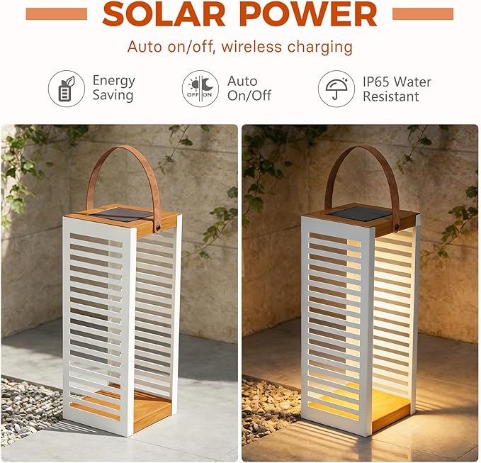 Solar Yard Outdoor Floor Lamp Solar Powered Light, Patio Waterproof Metal Solar Lantern with Handle, Plant Decor for Patio, Yard, Porch, Large White