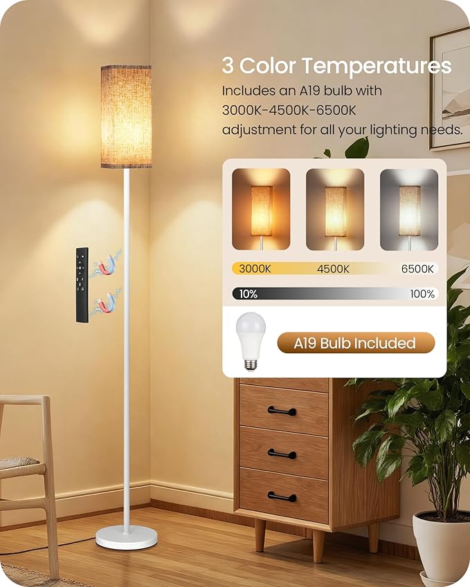 64.2'' Dimmable Floor Lamp for Living Room with Remote and Foot Switch, Corner Floor Lamp for Bedroom, Includes 10W A19 Bulb, Modern Standing Tall Lamp, ETL Listed White and Beige WE17LD05