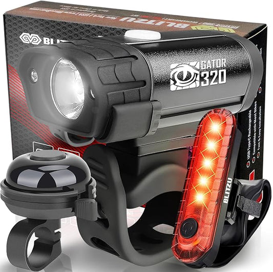 BLITZU Bike Lights, Super Bright Bicycle USB-C Rechargeable Headlight, Taillight & Bell Set, Waterproof Safety Front & Rear Back light for Night Riding, Easy to Install for Men Women Kids Road Cycling