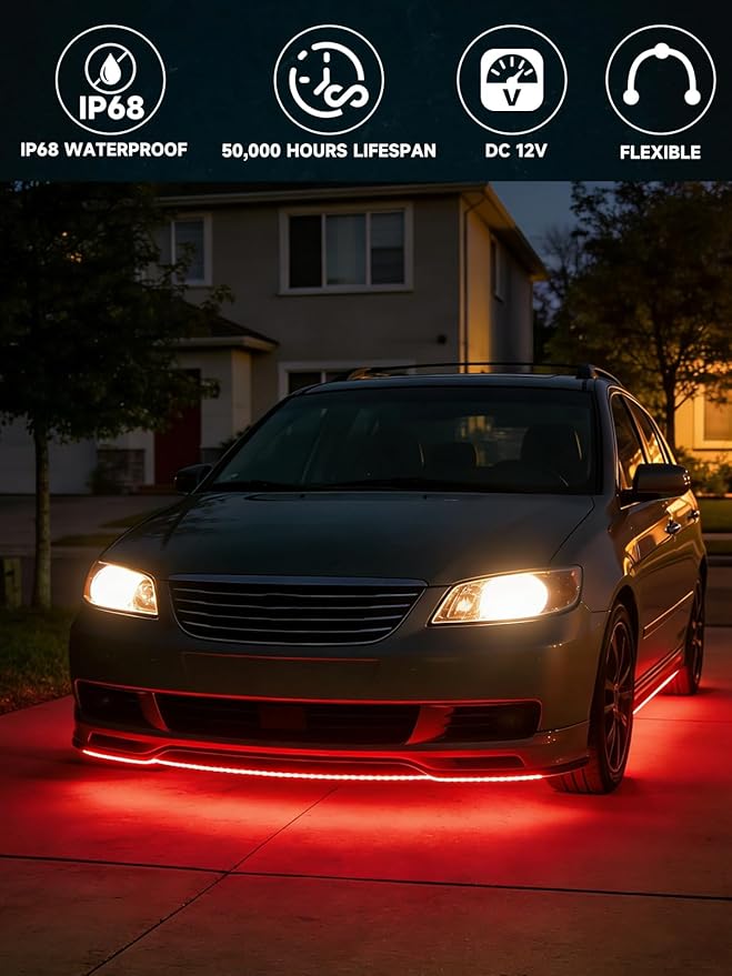 Led Light Strip Exterior Interior 24inch 5050 SMD Led Strip Light IP68 Waterproof Flexible Lights 12V for Car SUV Truck Marine Boat Golf Cart Red Pack of 4