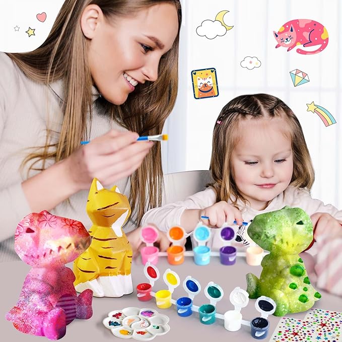 Goody King Paint Your Own Cat & Dinosaur Lamp Art Kit 2pcs, DIY Night Light, Christmas Crafts for Teens, Painting Kit for Girls Boys Age 4 5 6 7 8+, Art Supplies Cat Craft Gift for Birthday, Party
