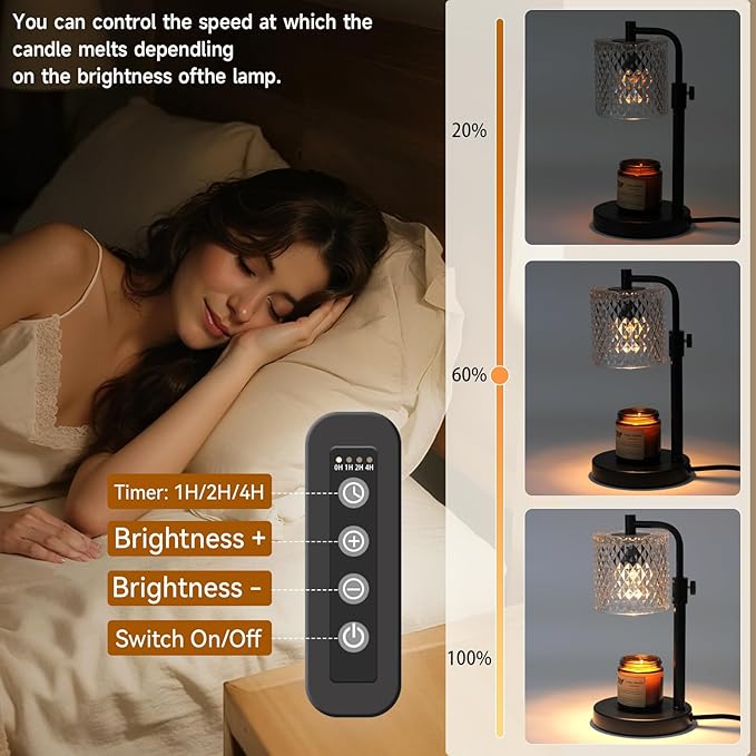 Candle Warmer Lamp with Timer, Adjustable Height Candle Warmer Glass Candle Lamp Warmer for Jar Candles, House Warming Gifts Home Decor Gifts for Women (Black-Glass)