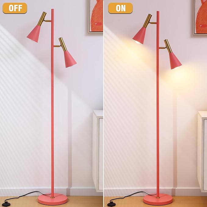 Modern Floor Lamp with 2 Adjustable Head Tall Pole Uplight for Living Room, Bedroom, Office,Pink and Gold Corner Light for Reading (Pink and Gold)