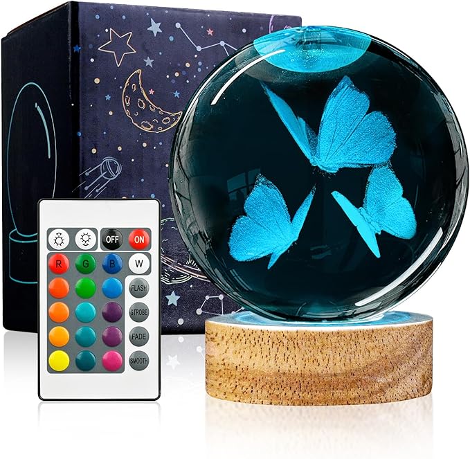 3D Butterfly Crystal Ball Night Light with Woodern Base, 3.15" Butterfly Figurine Glass Lamp with 16 Colors Cute Desk Decor for Home Butterfly Gifts for Women Kids Friends