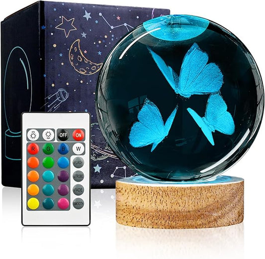 3D Butterfly Crystal Ball Night Light with Woodern Base, 3.15" Butterfly Figurine Glass Lamp with 16 Colors Cute Desk Decor for Home Butterfly Gifts for Women Kids Friends