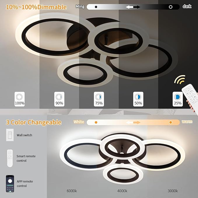 34W Modern LED Ceiling Light, 3000K-6000K Dimmable Ceiling Lighting Fixtures Ceiling Mount 4 Rings Black LED Chandelier Bedroom Lights Flush Mount with Remote for Kitchen, 2720LM