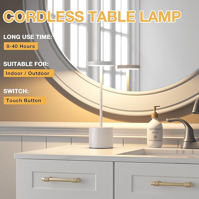 Kakanuo Cordless Lamp, Rechargeable Lamp, Touch Control, 3 Color Temperature, LED Outdoor Wireless, Battery Operated Lamps, Stepless Dimmable, White