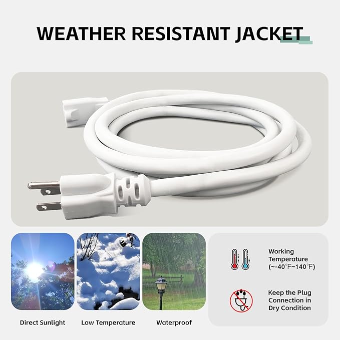 15 Ft Outdoor Extension Cord - 12/3 SJTW Heavy Duty White Extension Cable with 3 Prong Grounded Plug - Power Cord for Lawn, Garden, Appliances
