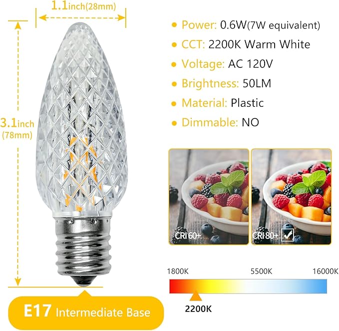 50pack C9 Christmas LED Light Bulbs, Strawberry Replacement Bulb 2200K Warm White Shatterproof & Waterproof Outdoor String Light Bulbs, E17 Candelabra Base Edison LED Bulbs for Decoration