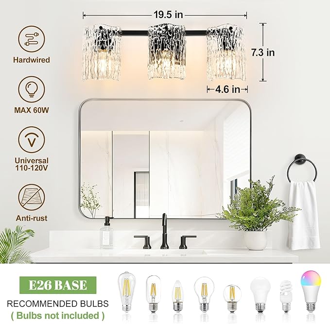 Bathroom Light Fixtures, 3-Light Vanity Lights with Water Ripple Glass Shade, Modern Black Bathroom Lights, Vanity Wall Lamp for Mirror (19.5in)