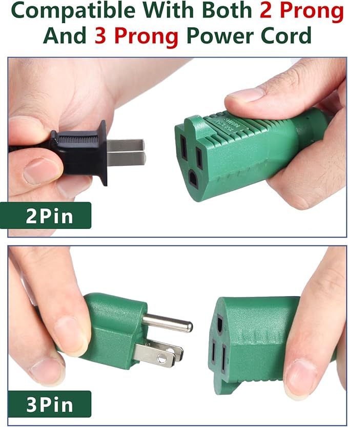 Extension Cord Splitter,4 Plug Splitter,14AWG SJTW 15A 1875W 14/3-Gauge 2.3FT Power Splitter, 4 Way 3 Prong 1 to 4 Plug Power Cord Splitter, Heavy Duty Cable, Green, for Indoor or Outdoor Use.