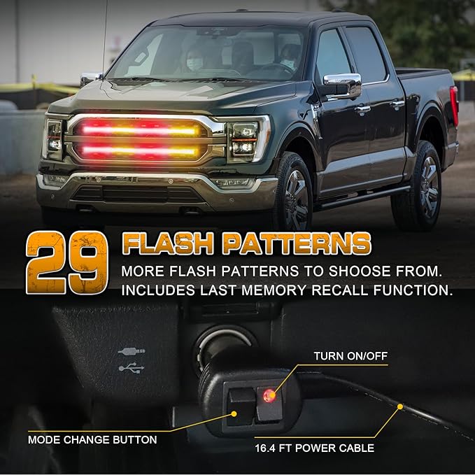 XRIDONSEN 2PCS 24 inch Amber Red Truck Emergency Grill Lights Strip 288 LED Grille Strobe Lights Flashing Warning Safety w/Waterproof Tube First Responder Lights for Firefighter Vehicles Fire Trucks