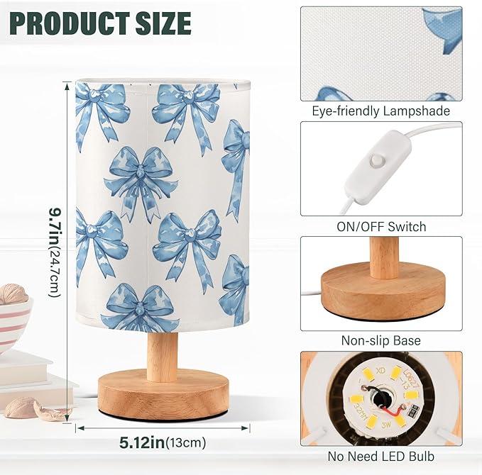 Bedside Table Lamp Blue Bows Printed Nightstand Lamp with Wood Desk Lamps for Bedroom Living Room Nursery Office Home Decor