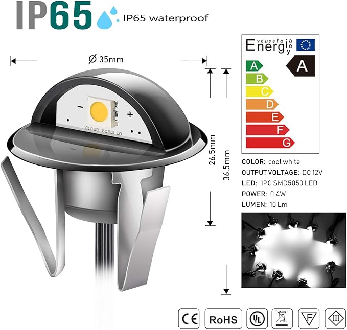 Pack of 10 Deck Garden Mall Step Stair Landscape LED Lights Cold White Low Voltage IP65 Lamp with Transformer