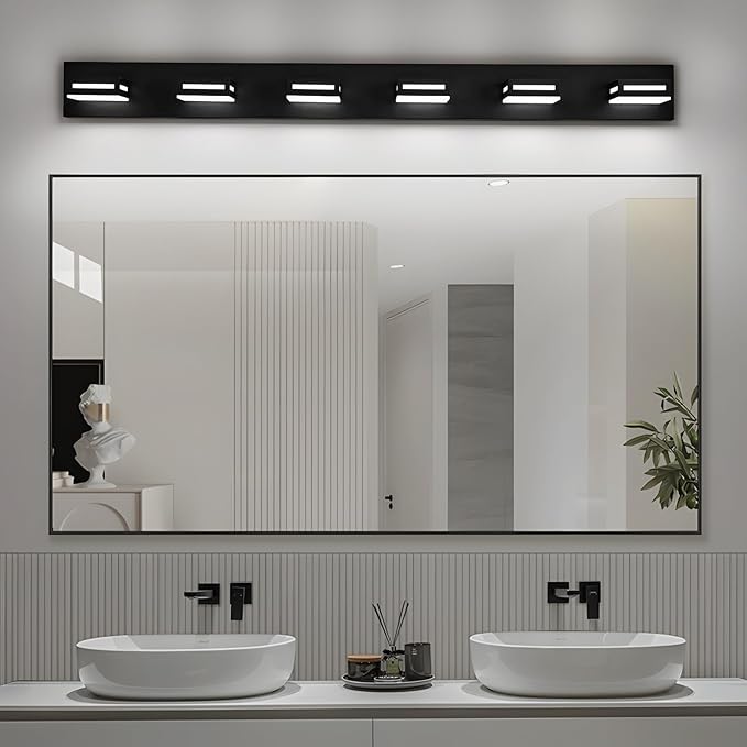 48-Inch 6-Light LED Modern Black Bathroom Vanity Light Fixtures Over Mirror, Bathroom Lighting Fixtures with Cool White 6000K, Vanity Wall Lights for Bath Restroom Powder Room