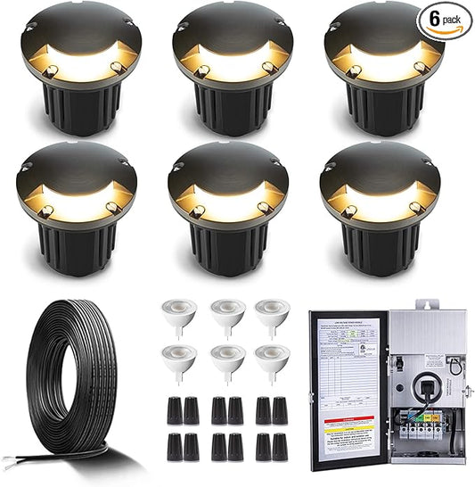 Gardenreet Brass In Ground Lights Kit(6 Pack) with 150W Low Voltage Transformer & MR16 Bulb & 100Feet Wire & Connectors, 12V LED Well Lights for Outdoor Yard Garden Pathway(1 Way Turret)