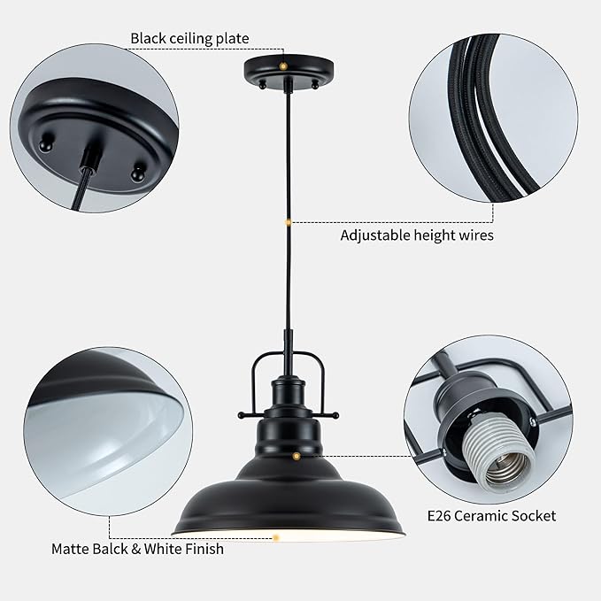 Famrhouse Pendant Light, Black Pendant Light Fixture with Metal Dome Shade, Adjustable Height Hanging Light for Kitchen Island, Living Room, Bedroom