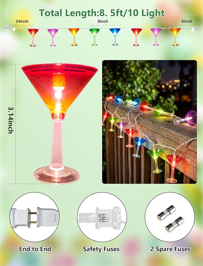 Margarita Party Decorations Lights, 8.5Ft Summer Beach Themed String Lights with 10 Multicolor Cocktail Glass LED Lights, Plug in Summer Decor for Indoor Outdoor Camp Holiday Party Decks Bedroom