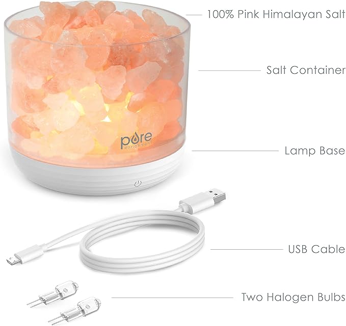 Pure Enrichment PureGlow USB Salt Lamp - Authentic Pink Himalayan Salt Rocks, Light Dimmer with 5 Levels, 2 Bulbs, and USB Power Cable