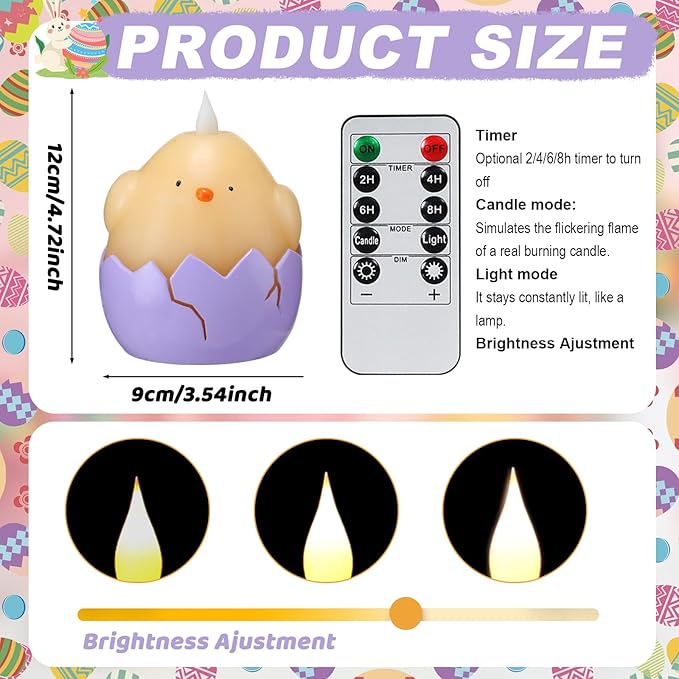 3PCS Easter Hatching Chick Flameless Candles – Easter Candles with Remote, Battery Operated LED Egg Candles in Pink Purple Ivory, Flickering Flame & Timer for Spring Table Centerpiece, Home