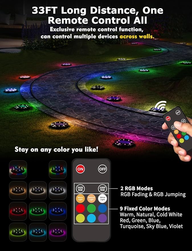 Color Changing Solar Ground Lights with 33ft Long Distance Remote Control - Flat Solar Lights Outdoor Waterproof - Pathway Lights Solar Powered for Yard Decorative Outside Lawn Walkway [6 Pack]