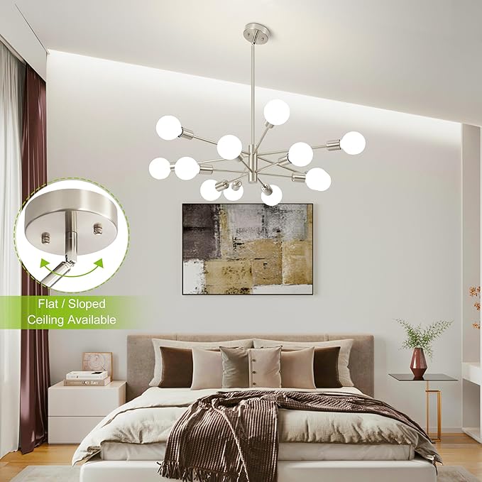 Sputnik Chandelier Modern Brushed Nickel Chandeliers 12-Light Mid Century Ceiling Lighting Fixture for Living Room, Kitchen, Bedroom, Dining Room, and Farmhouse