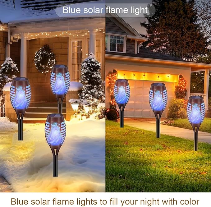8 Pack Solar-Powered Flashlight Torches for Outdoor use, Dancing and Flickering Flame Torches for Landscape Decoration, Suitable for Paths, lawns, terraces (Blue)