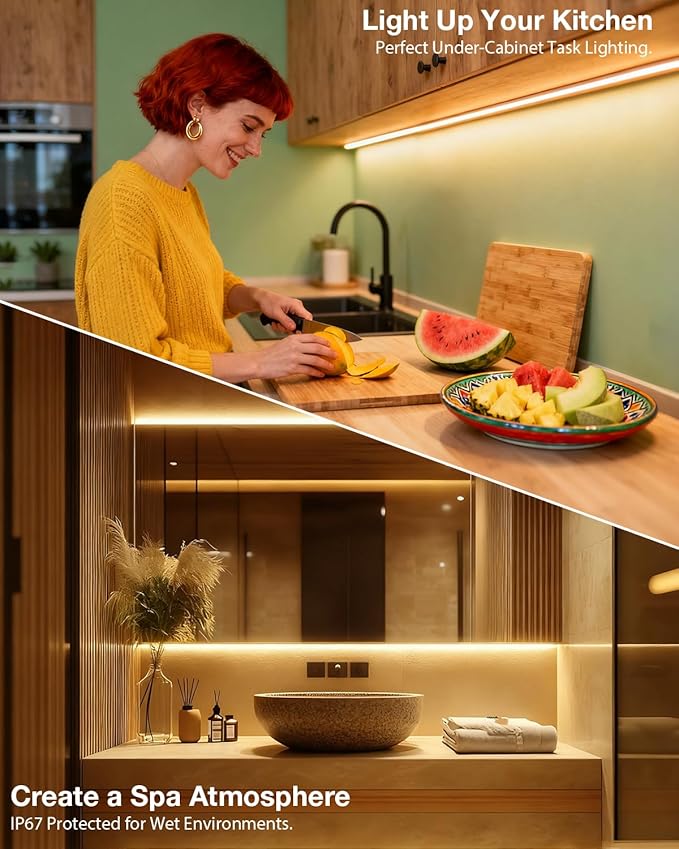 Aclorol 20FT LED Strip Lights IP67 Waterproof 5V USB COB LED Strip Light with Self-Adhesive Warm White Dimmable Tape Light for Kitchen Cabinet Shower Niche RV Awning Lighting Outdoor Patio Decoration